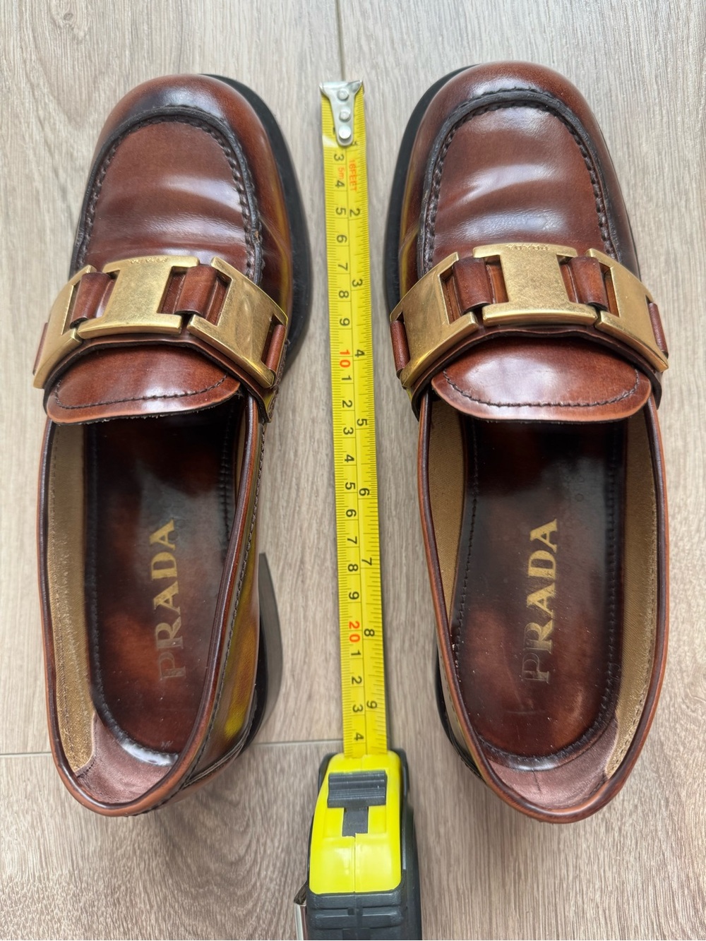 Prada Brown Leather Loafers with Gold Buckle - Picture 11 of 11